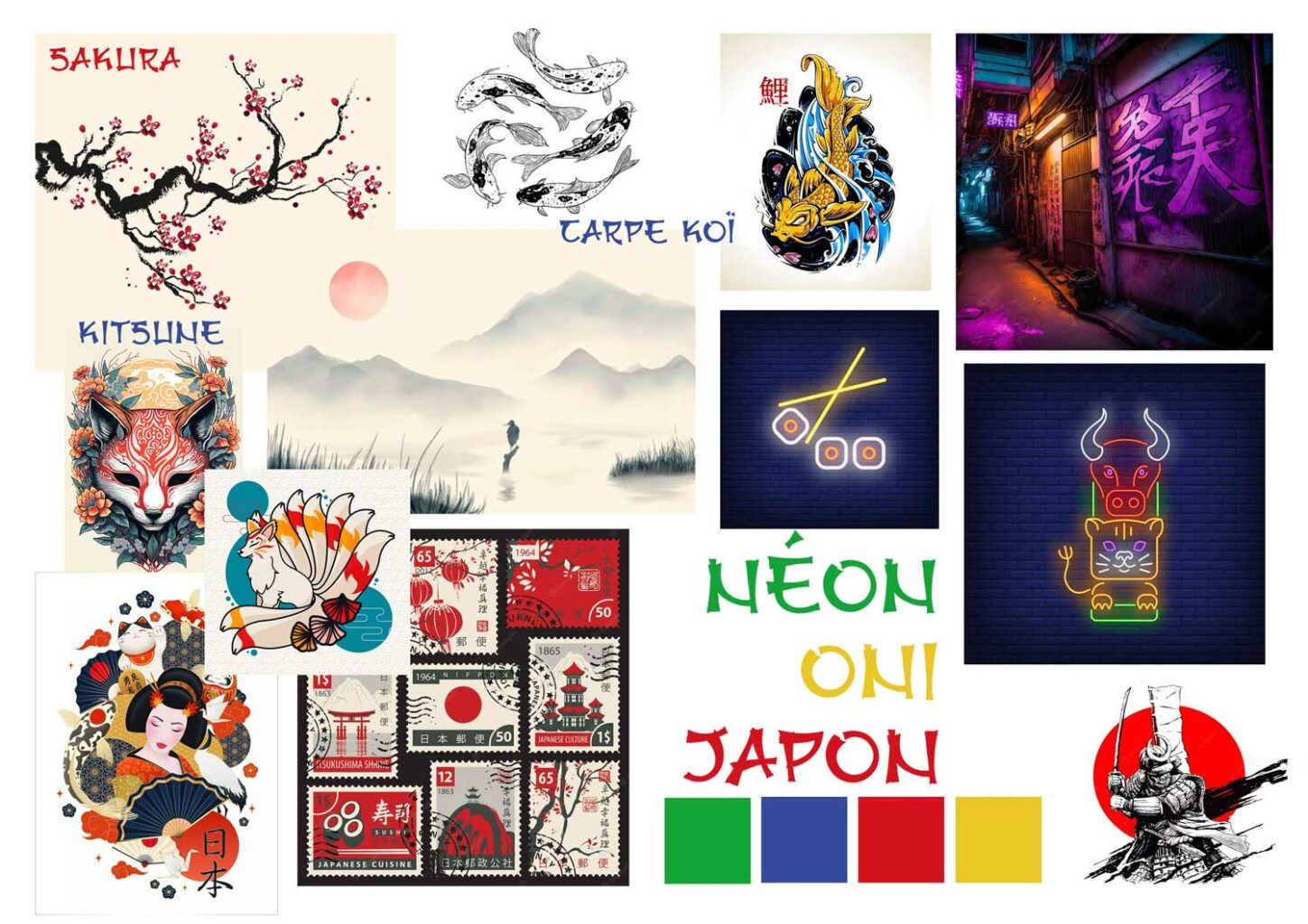 Moodboard pour conception jeux de cartes Japan Style