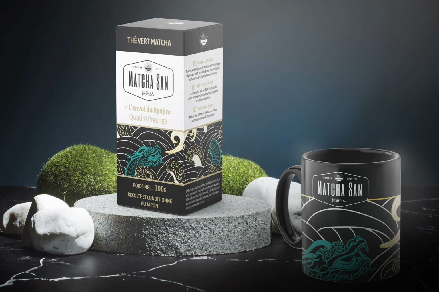 mockup du packaging prestige de la marque de Thé Matcha San